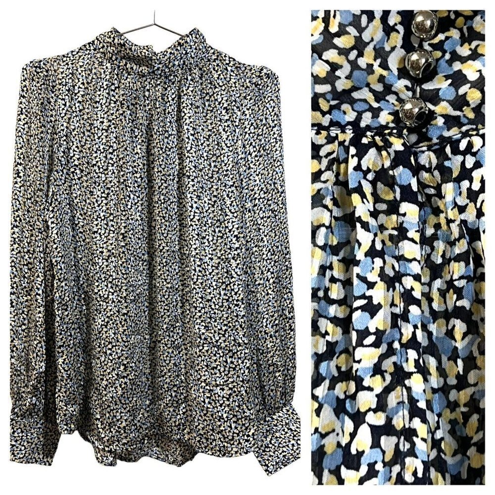 H&M High Mock Neck Floral Silky Blouse Semi‎ Sheer L/S Casual Work Size M NWT